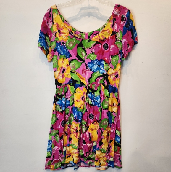Vintage 90s Arrested By Jonathan Martin Dress Bright Floral Babydoll Tropical 14 - Picture 2 of 6